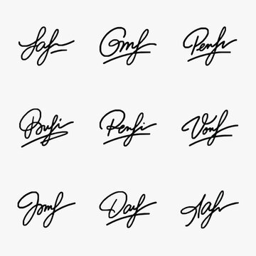 Collection of nine handwritten cursive signature examples.