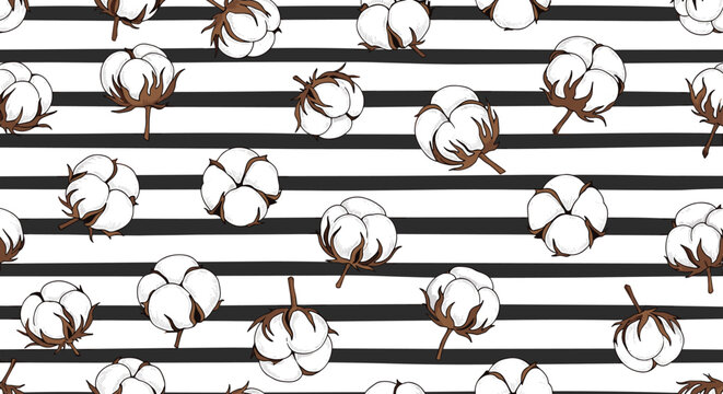 Seamless pattern featuring white cotton bolls over a background of horizontal black and white stripes for a modern and natural textile.
