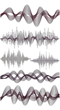 A collection of five waveform patterns in shades of gray and maroon