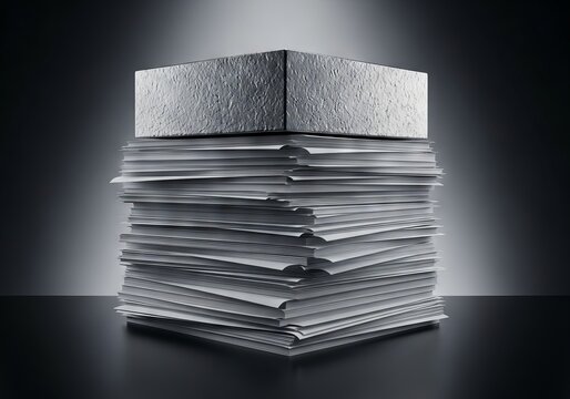 A massive steel cube exerts force on a high stack of white documents on a dark table, creating a sense of intense institutional burden, output, management, hierarchy