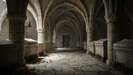 Obraz premium Mystical stone corridor with vaulted arches and soft lighting in an ancient building