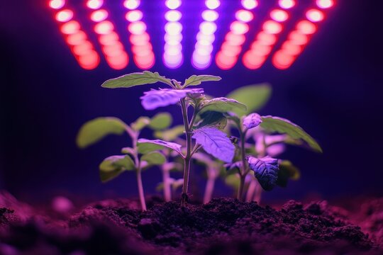 Close up of young plant seedlings thriving under red LED grow lights