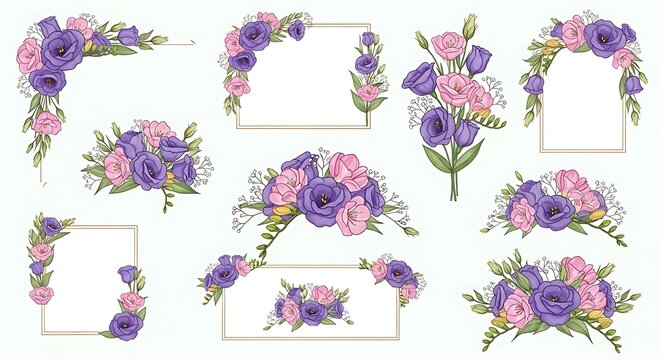 A collection of floral arrangements and frames with purple and pink flowers
