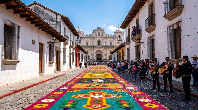 Traditional religious sawdust carpet on colonial cobblestone street with musicians and cathedral during festival