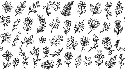 Hand drawn floral element set with rustic wild flowers leaves herbs branches vines and botanical doodles outline sketch vector illustration © MdSabbir