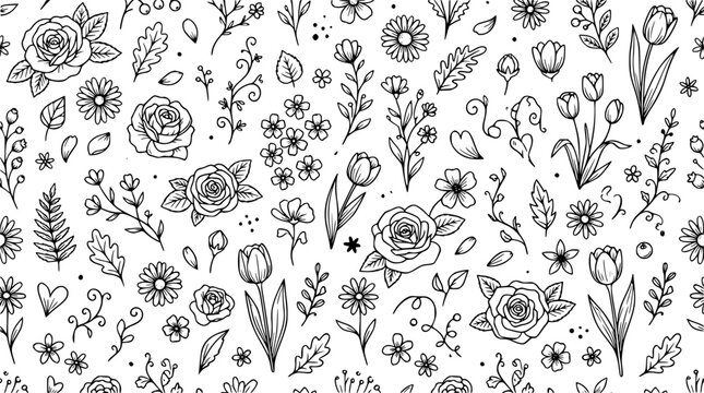 Hand drawn floral seamless pattern background with rustic wild flowers roses tulips leaves and botanical doodles sketch vector illustration