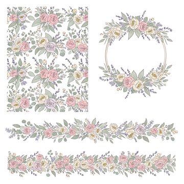 A collection of floral designs featuring pink, purple, and yellow flowers with green leaves on a white background