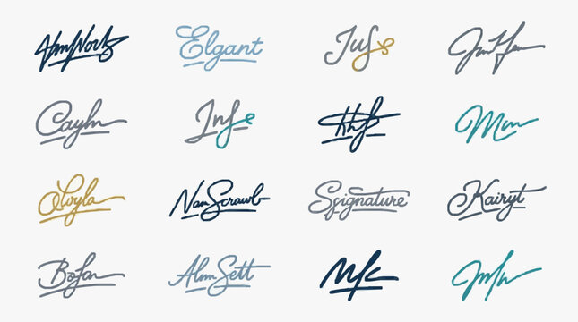 Collection of elegant handwritten signature examples on white background.
