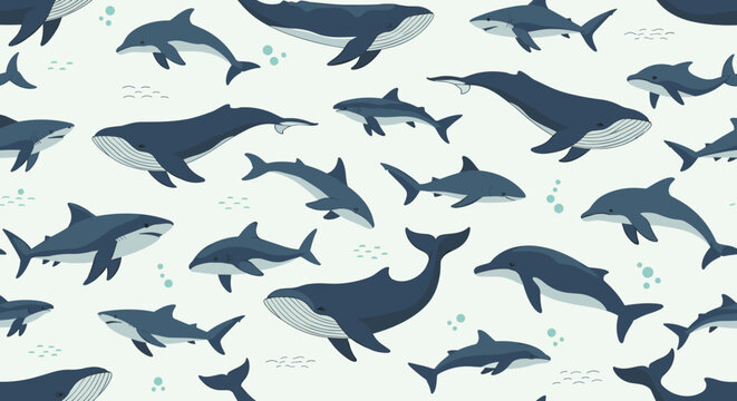 Seamless pattern with various sharks whales and dolphins in blue water for kids wallpaper fabric or nursery decor.