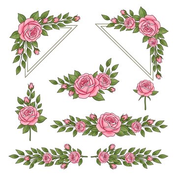 A collection of floral designs featuring pink roses and green leaves