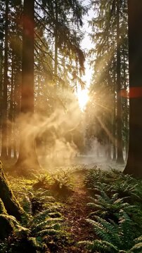 Sunrise sunlight filters through mist in a serene forest with green ferns lining a quiet natural pathway.