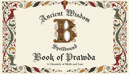 An ornate, vintage-style book cover featuring a decorative border with floral and animal motifs, and the title 'Ancient Wisdom Spellbound Book of Prawda: A Chronicle of Myth and Law'. © ejalani