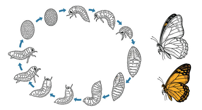 Educational diagram showing the complete life cycle of a monarch butterfly from eggs and larvae to pupae and adult stages with arrows.