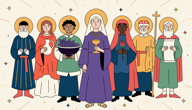 Illustration of seven diverse religious figures, possibly saints, with halos and traditional attire, holding symbolic objects.