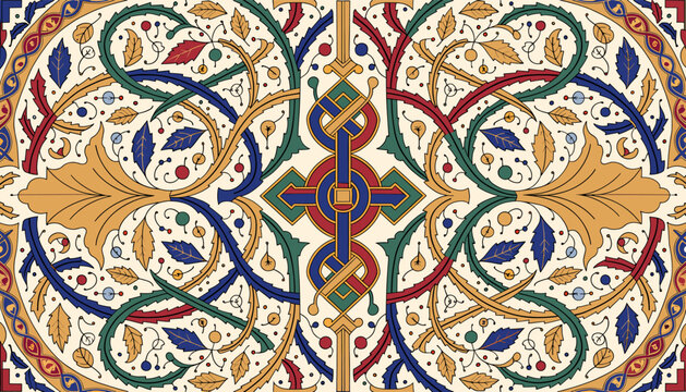 Intricate and colorful medieval illuminated manuscript border design featuring interlace patterns and floral motifs.