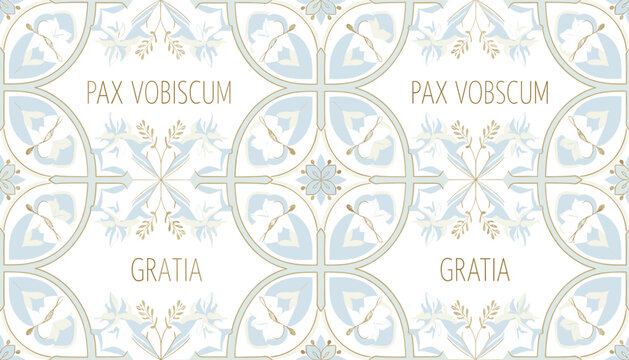 Seamless pattern of decorative tiles with Latin phrases "PAX VOBISCUM" and "GRATIA" in light blue and gold floral and geometric motifs on a white background.