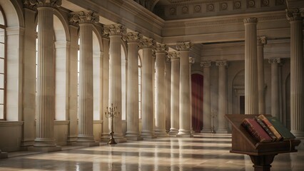 Naklejka premium Elegant classical hall with tall columns and large arched windows illuminated by sunlight