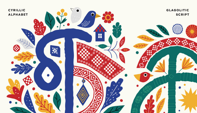 Vibrant illustration showcasing stylized Cyrillic alphabet and Glagolitic script letters adorned with traditional folk art patterns and natural elements like birds, flowers, and leaves.