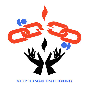 Stop human trafficking awareness graphic with broken chains and hands