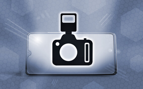 Ilustraci&oacute;n tridimensional de un tel&eacute;fono inteligente moderno con un icono de c&aacute;mara y flash superpuesto, representando la tecnolog&iacute;a fotogr&aacute;fica digital y la fotograf&iacute;a m&oacute;vil creativa.