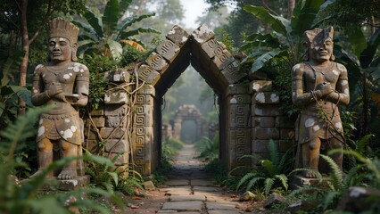 Naklejka premium Ancient Stone Gateway with Tribal Statues in Lush Green Jungle Setting