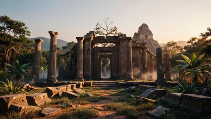 Fototapeta premium Ancient Ruins of a Stone Structure with Columns and Overgrown Vegetation in a Tropical Forest
