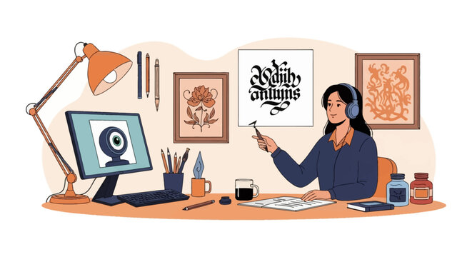 Female calligraphy artist teaching online course from studio workspace with computer, webcam, headphones, ink bottles, pens, desk lamp, and blackletter art on wall in flat vector.