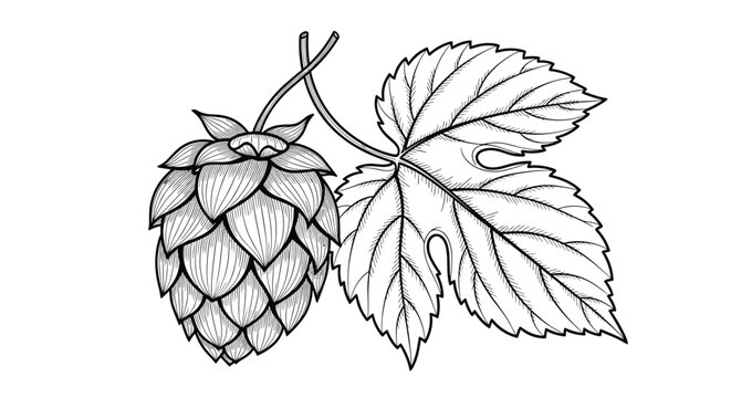 Detailed engraving of a single hop cone attached to a branch with its characteristic lobed leaf in a classic black and white style.