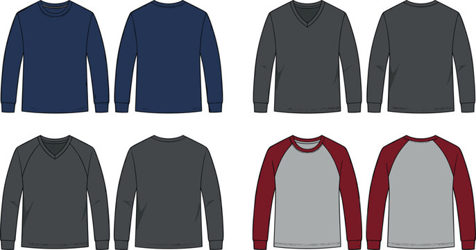 Blank Long Sleeve T Shirt Technical Drawing Vector Set Featuring Crew Neck, V-Neck, Raglan, and Two-Tone Baseball Tee Front and Back View Apparel Templates