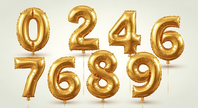 A collection of gold balloons in the shape of numbers on sticks