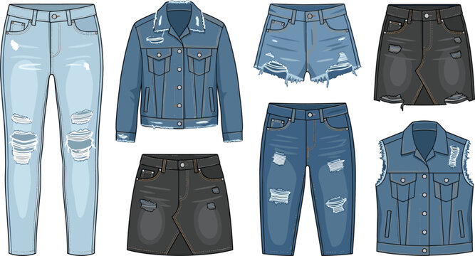 Denim Fashion Clothing Vector Set Featuring Ripped Jeans, Jean Jackets, Shorts, Skirts, and Vests Colorful Casual Apparel Illustration Templates for E-commerce Retail