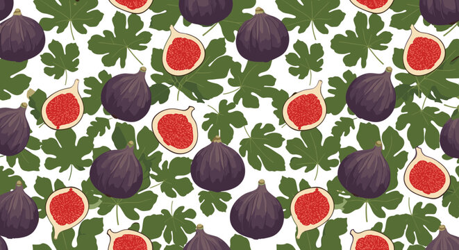 vibrant seamless pattern with whole and sliced purple figs and green fig leaves on a clean white background for high quality textile and wallpaper.