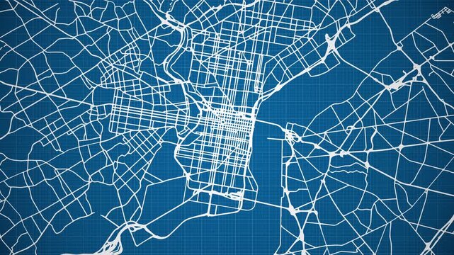 Ink reveal animation of Philadelphia city, Pennsylvania (PA), United States of America, grid map. Aerial top view. Blueprint style. White lines with blue background. 4K Seamless loop.