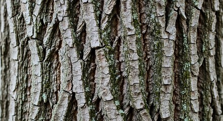 Fototapeta premium A close-up view of a tree trunk with light-colored, peeling bark featuring green moss growth