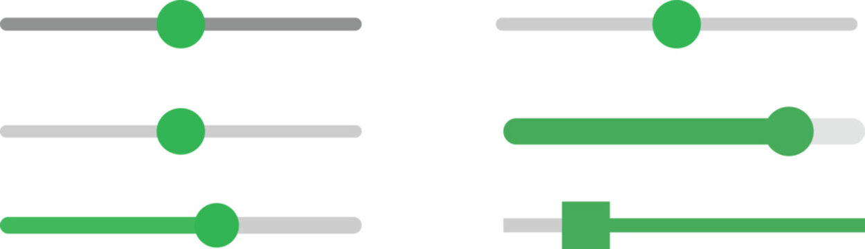 Modern Green UI Slider Controls and Progress Bars Vector Set - Minimalist Horizontal Scrollbars, Toggle Switches and Interface Elements for Web Design