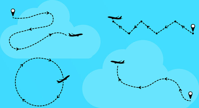 Airplane flight route collection with dotted destination lines on blue sky vector illustration set of aircraft path lines, map pin pointers, and jet silhouettes.