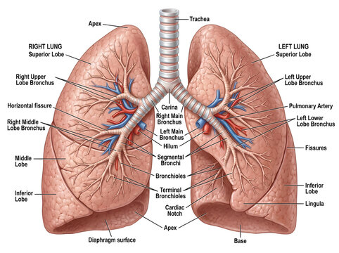 Anatomical diagram of human lungs with labeled bronchus structure isolated on white background