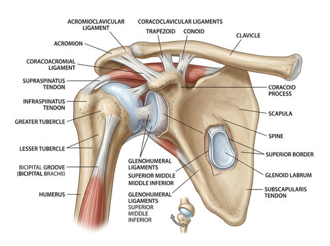 Anatomical diagram of shoulder joint and scapula bones isolated on white background