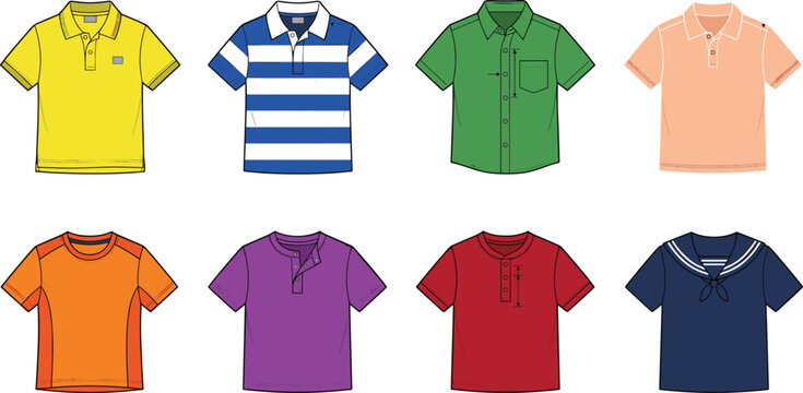 Collection of kids polo shirts and short sleeve casual tops vector technical sketches including sailor tees