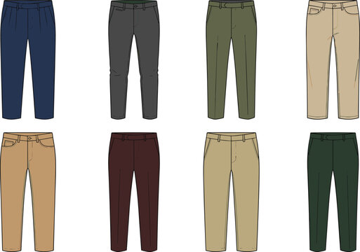Collection of mens trousers and formal pants vector technical sketches including chinos dress slacks and casual bottoms