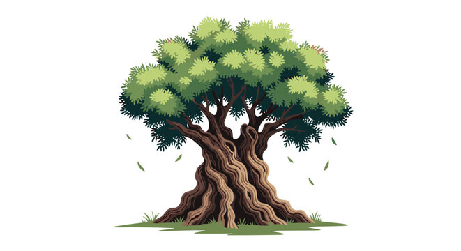 illustration of a large ancient tree with a thick gnarled trunk and a lush green canopy with falling leaves on a clean white background for art.