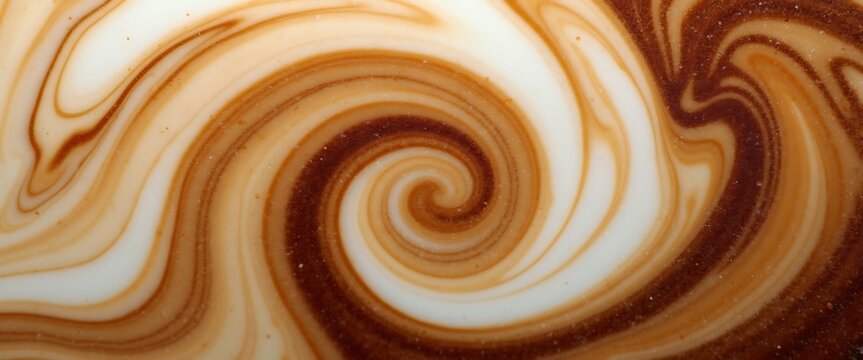 Detailed close-up of abstract swirling coffee and milk pattern with foam.