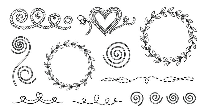 Collection of hand-drawn decorative elements including floral wreaths, rope borders, hearts, and swirls in a minimalist black ink sketch style.