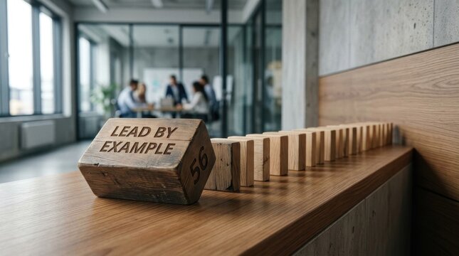 Close-up of a rustic wooden block engraved with "LEAD BY EXAMPLE" and the number 56, positioned in a row of blocks on a desk with a blurred office meeting in the background.