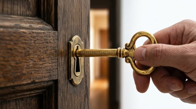 Close-up of a hand inserting an ornate golden skeleton key engraved with "LEADERSHIP UNLOCKS" into a vintage wooden door keyhole, conceptual image of success and business growth.