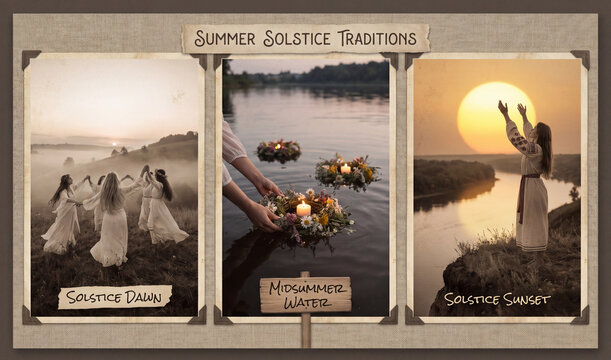 A panoramic collage of summer solstice traditions featuring sunrise dances, floating flower wreaths on a lake, and a woman greeting the setting sun above a picturesque river landscape.