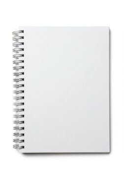 A blank white spiral notebook with metal wire binding for writing notes and sketching ideas for school office or personal projects in a simple clean professional style