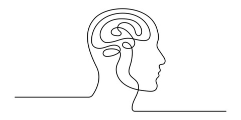 Brain icon of continuous one line drawing inside human head profile © Akhi