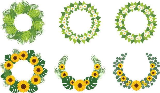 Tropical Floral Wreath Set with Sunflowers, Monstera, Eucalyptus, and Green Leaves for Summer Botanical Frame Designs