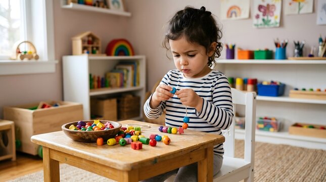 Little girl playing with wooden beads, developing fine motor skills and concentration in a bright playroom.